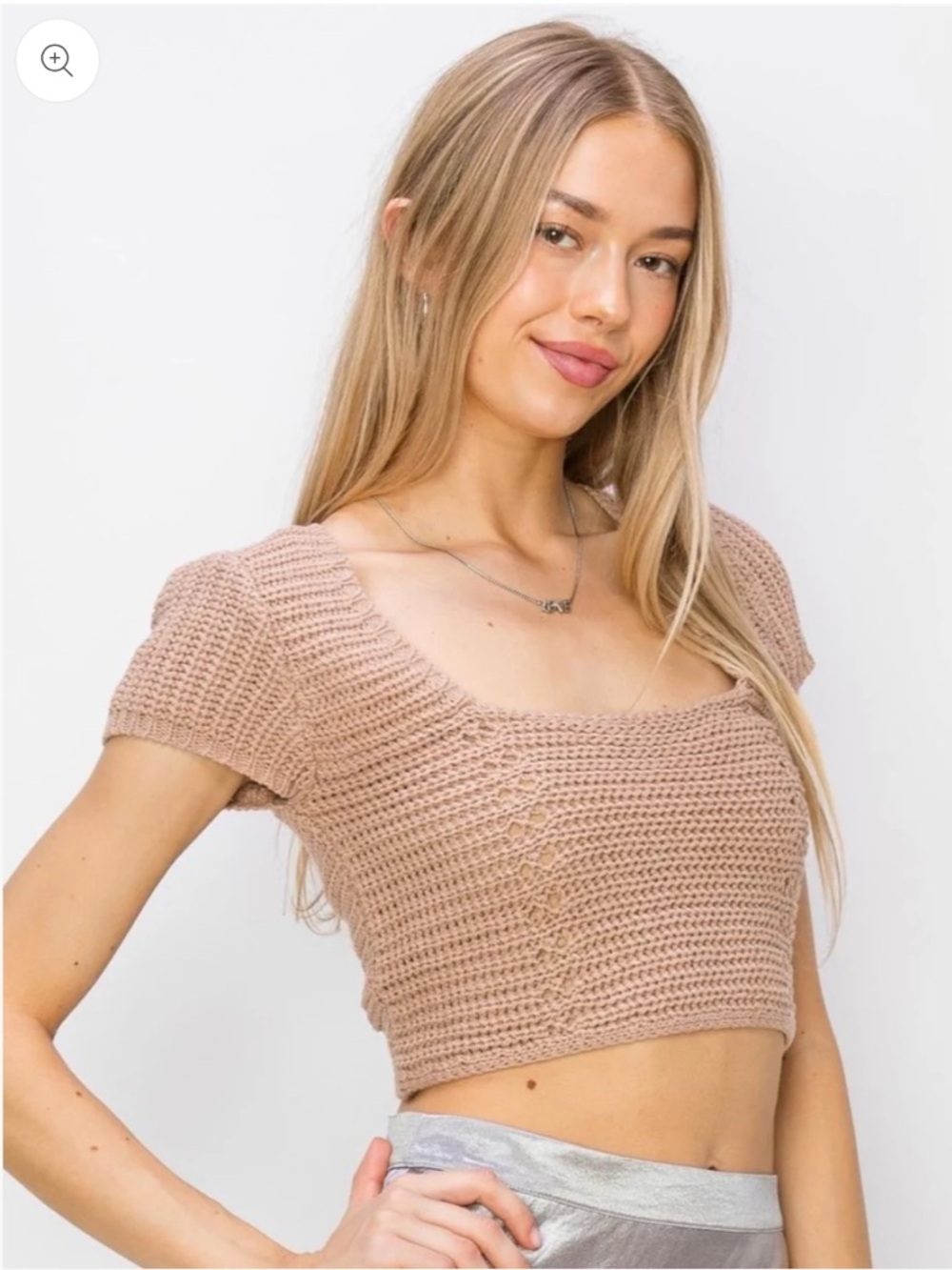 Beige Botany Crochet Knit Lace Up Crop Top M Festival